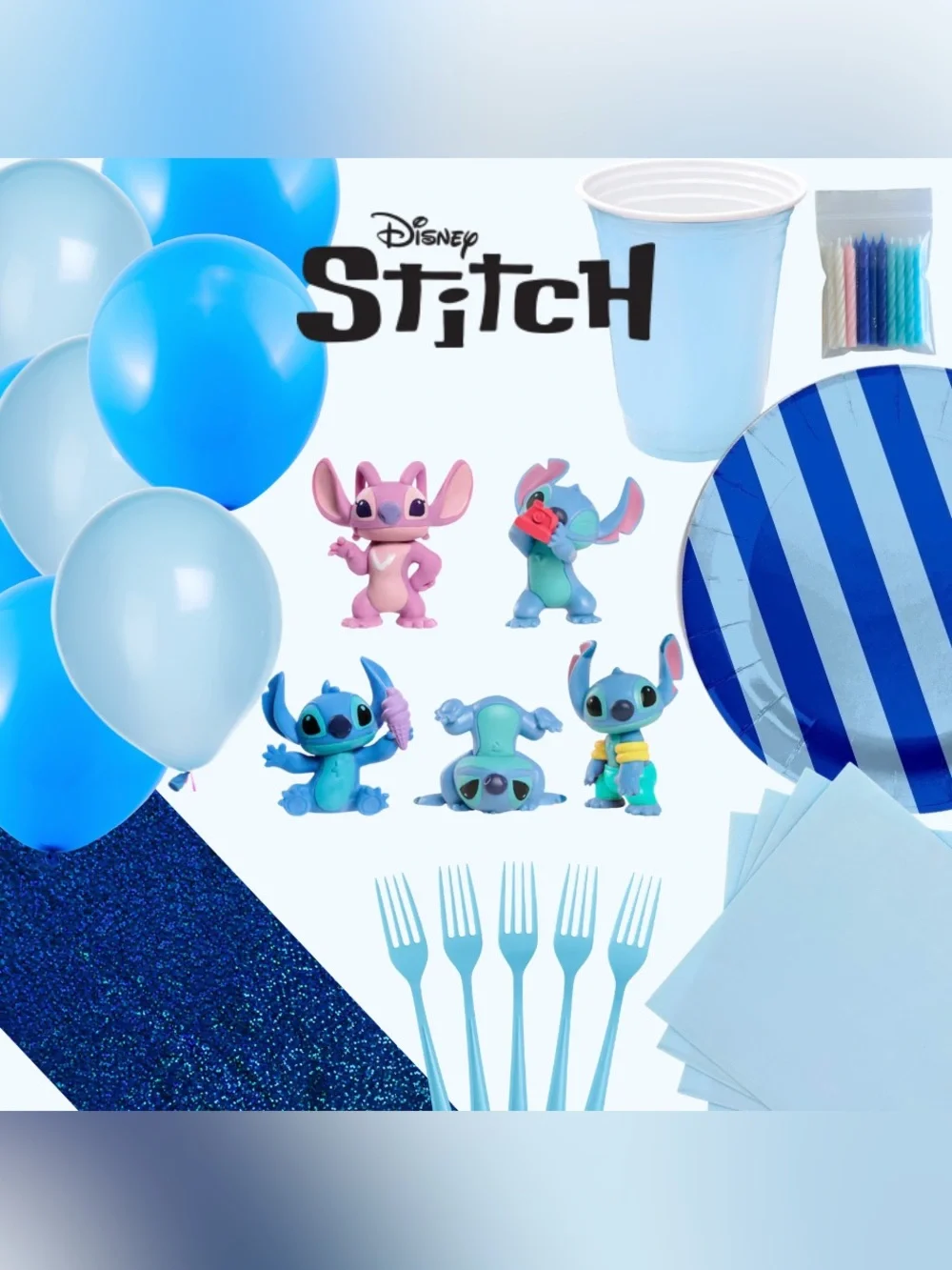 Stitch Figurines Cake Toppers Birthday Party Kit Serves 16 Plates Cups Balloons